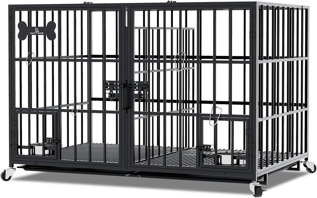 aboxoo 42" Heavy Duty Metal Dog Crate for 2 Dogs,Indoor Kennel with Divider
Black Large Dog Cage, All Metal Open Top Escape Proof Cage,Kennel Indoor with Wheels, 2 Tray, Feeding Bowl