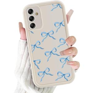 Cute Bow Case for Samsung Galaxy A14 5G 6.6'', Blue Ribbon Bow Pattern Print Design Funda Aesthetic Coquette Slim Soft TPU Silicone Shockproof Full Camera Protective Cover for Women Girl - White