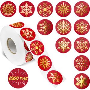 1000 PCS Gold Foil Snowflakes Stickers, 12 Designs Sparkling & Elegant Labels Self Adhesive Winter Holiday Decoration for Christmas Supplies Envelope Seal Gifts Decor with Perforation line (3 Pcs)