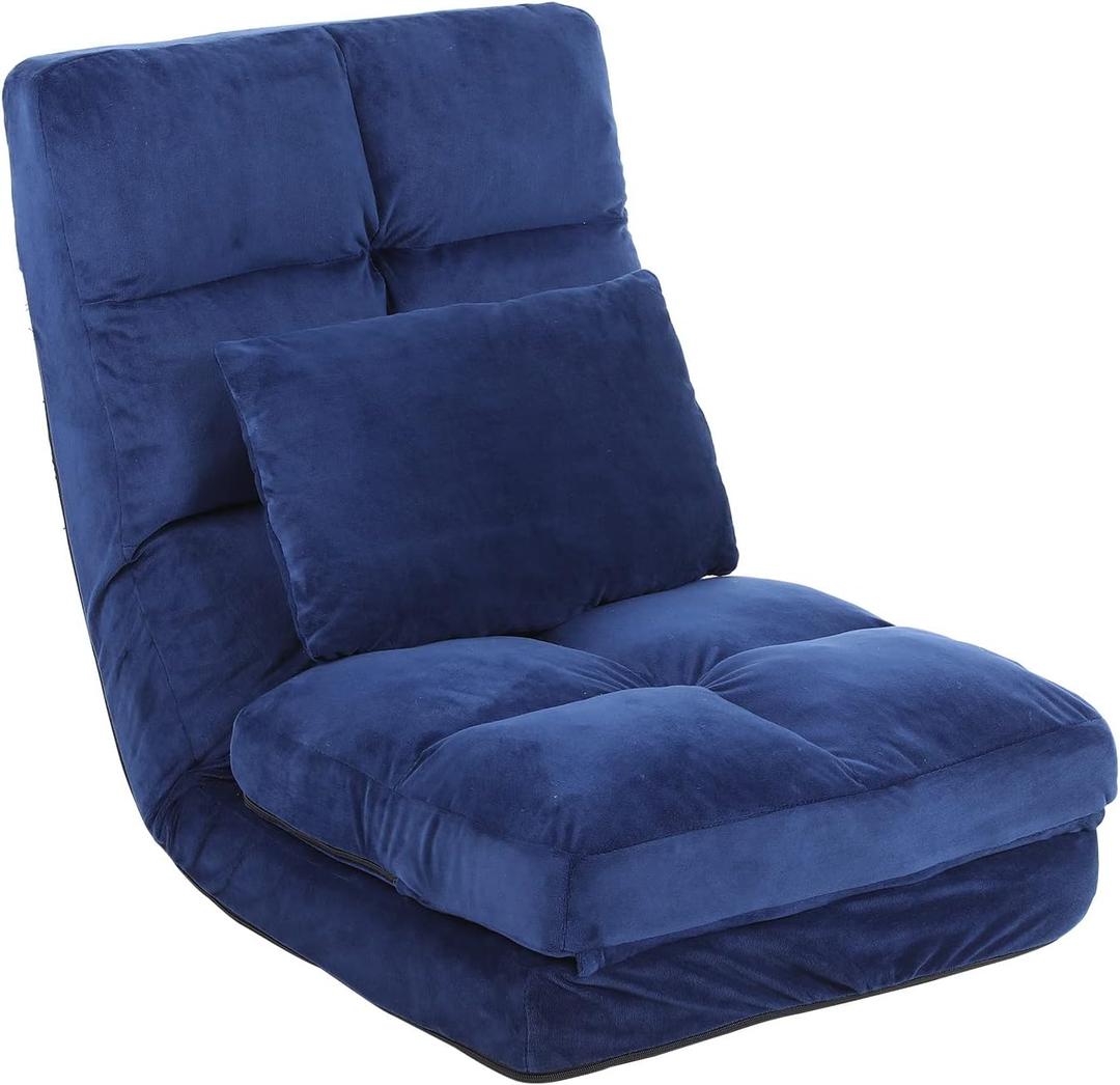 Indoor Chaise Lounge Sofa, Floor Chair with Back Support for Adults, 14 Angle Adjustment Recliner Chair, Folding Floor Lounger with Pillow 8823(Blue-2)