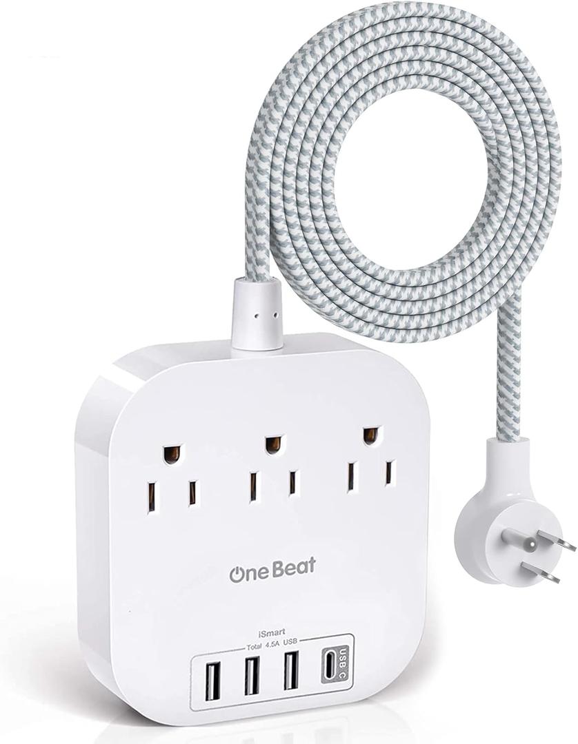 One Beat Power Strip with USB C, 3 Outlets 4 USB Ports (22.5W/4.5A) Desktop Charging Station, Flat Plug, 5ft Braided Extension Cord, Non Surge Protector for Travel, Cruise Ship, ETL Listed (White)