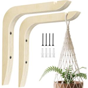 Wooden Plants Hanger, Plant Hangers Indoor Wall Mount, 8.58-Inch Hanging Plant Hooks For Wall, Basket Hooks for Lanterns, Flower Bracket, Wind Chimes, Lamp, Bird Feeders, Patio Decor(wood color 2PCS)