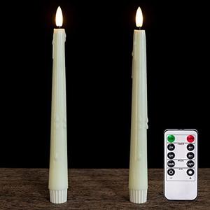 Yongmao Real Wax Flameless Taper LED Candles with Remote, 9.6 Inch 3D Wick Flickering Battery Operated, Wax Drip, Set of 2 for Christmas Home Wedding Decor (Ivory)