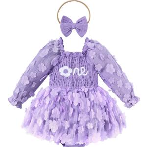 UNICOMIDEA Baby Girl 1st Birthday Outfit One Year Old Birthday Clothes Toddler Long Sleeve Tulle Romper Dress (12-18 Months, Purple)