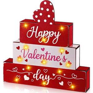 Valentines Decor Wooden Sign 13 LED Lights Happy Valentine's Day Set Light up Wood Block Set Farmhouse Battery Operated Romantic Decorations for Table Mantle Centerpiece Tiered Tray Gifts