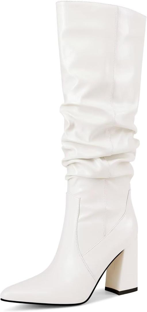 Women's Knee High Boots Pointed Toe Chunky Block Heel Boots Fashion Slouchy Fall Boots For Women (9, White)