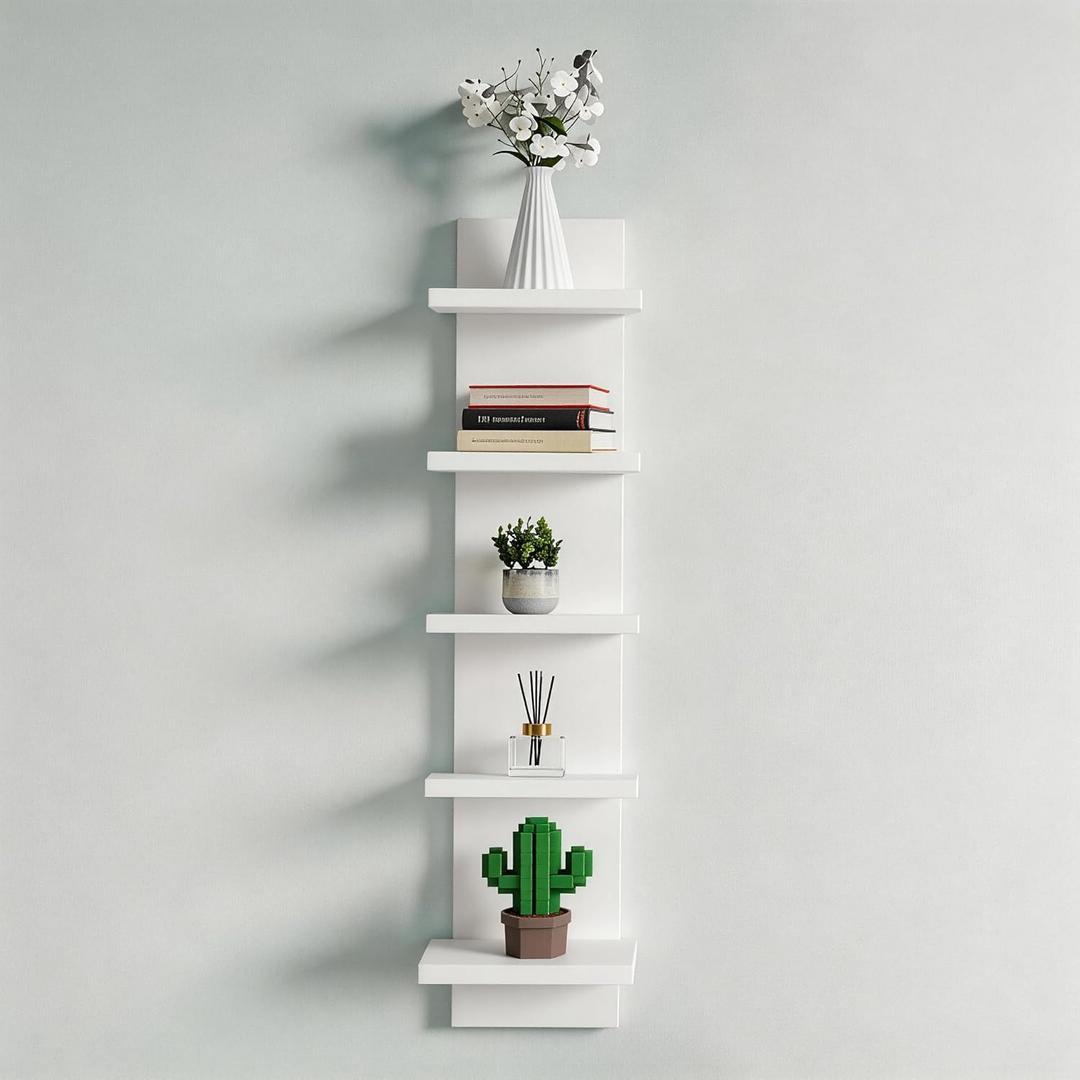 No Drill Wall Shelf Unit 5-Tier, Floating Storage Shelf, Decorative Wall Mount Vertical Shelving for Home, Bedroom,Living Room,Office (White)