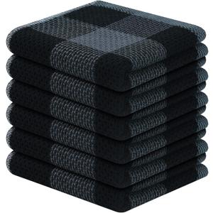 Homaxy 100% Cotton Waffle Weave Check Plaid Dish Cloths, 12 x 12 Inches, Super Soft and Absorbent Dish Towels Quick Drying Dish Rags, 6-Pack, Black & Grey