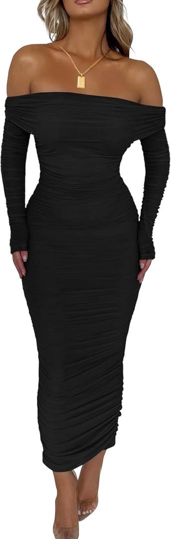PRETTYGARDEN Women's Fall Off The Shoulder Maxi Dress Spring Long Sleeve Ruched Fitted Bodycon Club Dresses with Slit (Medium, Black)