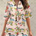 PRETTYGARDEN Womens Rompers for Summer 2025 Beach Vacation Clothes Short Sleeves Floral Jumpsuits Beach Cover Up (XL)