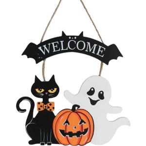 Halloween Wooden Welcome Sign for Front Door, Halloween Black Cat Ghost and Jack Pumpkin Hanging Welcome Sign for Indoor Outdoor, Wooden Sign for Wreath Doors Walls