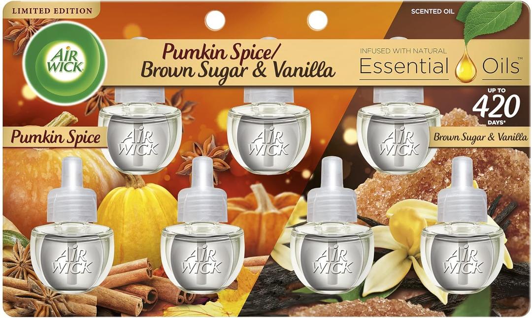 Air Wick Plug in Scented Oil Refill, 7ct, Pumpkin + Brown Sugar Mixed Pack, Fall Scent, Essential Oils, Air Freshener (0.74 Fl Oz (Pack of 7))