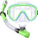 Kids Snorkel Set, Anti-Fog Panoramic Tempered Glass Kids Snorkel mask, Anti-Leak Scuba Diving Mask with Mesh Bag, Dry Top Snorkeling Gear for Kids and Youth Age 4-16 (Blue+Grass Green+Transparent)