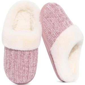 Evshine Warm Knit House Slippers for Women Comfy Wool-Like Lined Chenille Slippers with Memory Foam and Indoor Outdoor Soles (8-9, Pink)