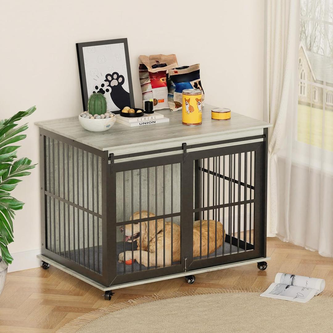 Furniture Style Dog Crates with Sliding Iron Door, Modern Decorative Pet House Dog Cage with Soft Cushion, Indoor Aesthetic Puppy Kennel for Medium Dogs Grey as Shown