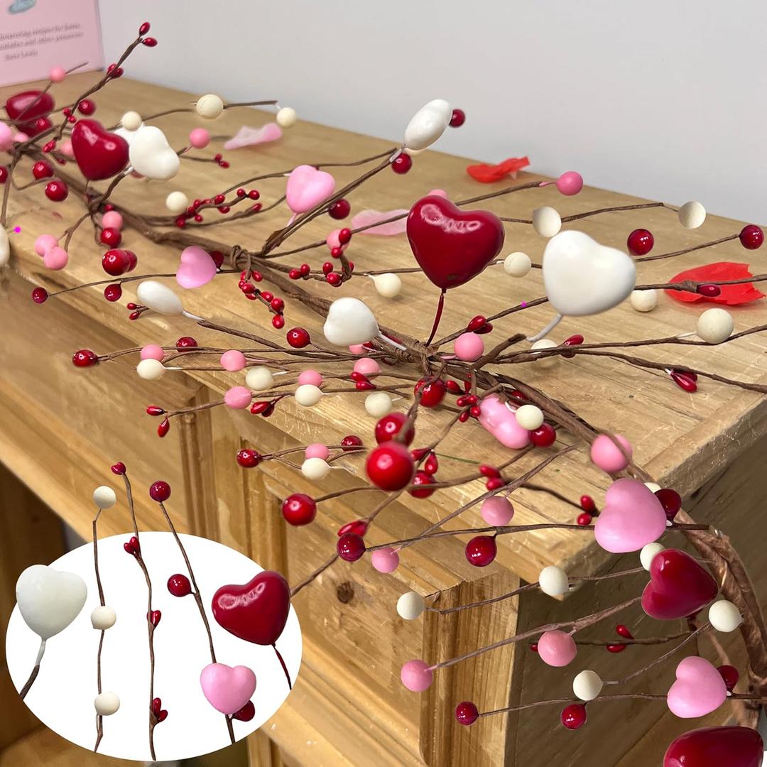 6Ft 20LED Valentines Day Decorations, Valentines Day Garland with Red & Pink Lights Timer Red Pink White Hearts Berried Artificial Lighted Valentine Garland for Home Table Mantle Wedding Decorations