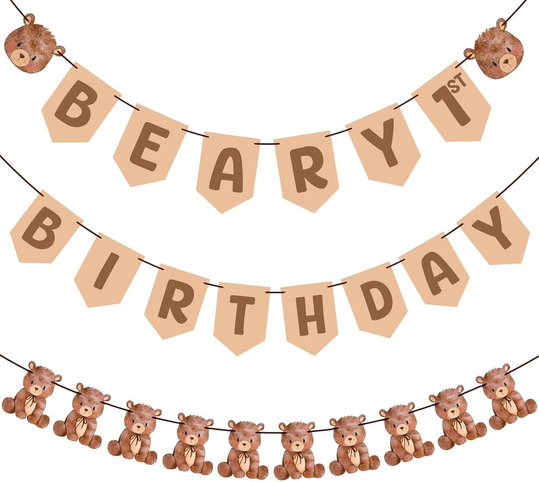 Epakh 3 Pcs Bear Birthday Party Decoration Beary First Birthday Banner Cute 1st Bear party Supplies Wall Hangings for Nursery, Play Room, Dorm Room, Baby Shower Gender Reveal Decor