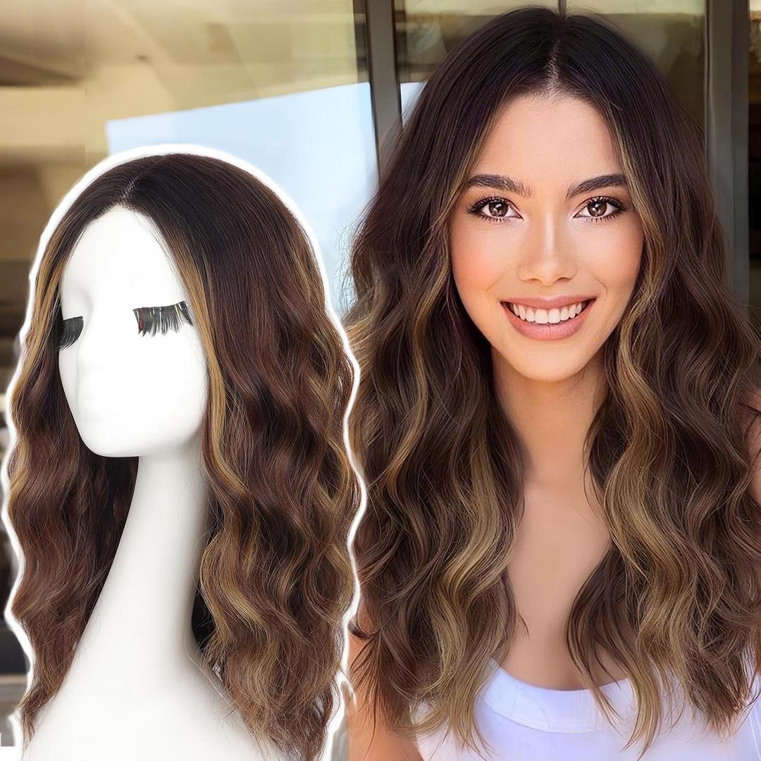 AISI HAIR 18 inch Highlights Brown Wig for Women Medium Length Wave Curly Glueless Synthetic Heat Resistant Hair Wigs for Daily Party Cosplay