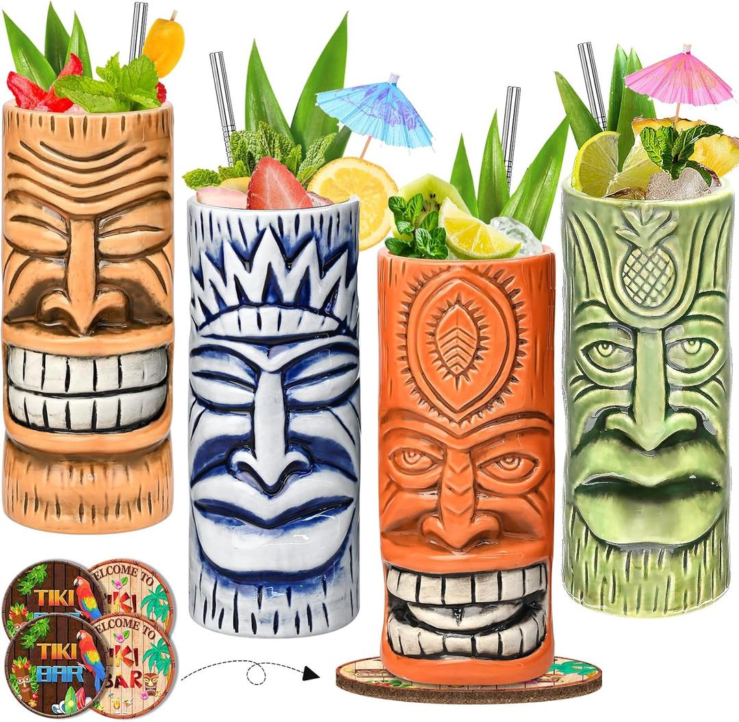 Tiki Mugs Set of 4 - Ceramic Tiki Glass Cocktail Cups, unique Cocktail Glasses, Bar Professional Hawaiian Mug and Halloween Christmas Party Barware