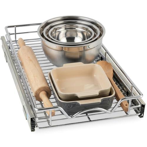 HOLD N' STORAGE Pull Out Cabinet Organizer, Heavy Duty, 11”W x 17”D-Requires At Least 12-1/4” Cabinet Opening, Steel Metal Cabinet Drawers Slide Out, Chrome Finish
