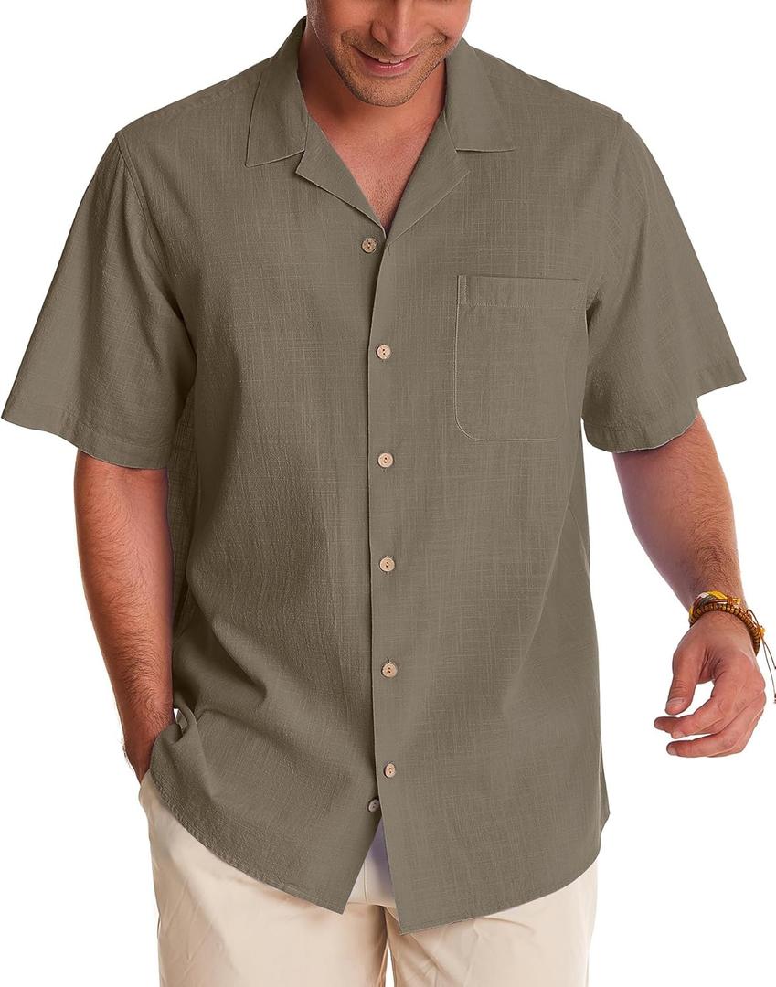 Alimens & Gentle Cuban Linen Shirts for Men Short Sleeve Button Down Shirt Cotton Summer Beach Camp Vacation Hawaiian Shirts (X-Large, Khaki)