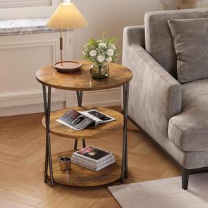 Lumbershed 23 Inch Round Side Table 3-Tier End Table Living Room Small Patio Table Nightstands Round Coffee Table Spacious Top for Couch Bedroom 3 Storage Shelves Accent Coffee Table, Rustic Brown