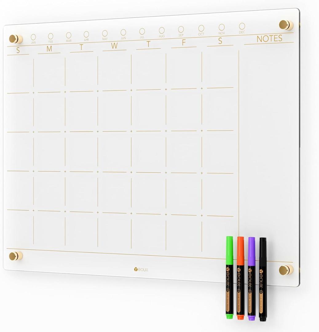 Clear Glass Monthly Dry Erase Calendar Non-Magnetic Whiteboard for Wall, 17" x 23", Frameless Large Monthly Menu Planner White Board for Home Kitchen & Office, 4 Markers Included, Yeoux