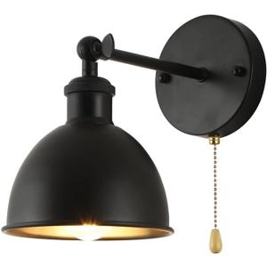 Vintage Black Wall Sconce Light, 1-Light Switch Farmhouse Wall Lamp, Industrial Pull Chain Wall Light Fixture for Living Room Bedroom Bathroom Kitchen Hallway Doorway (Shade-15cm)