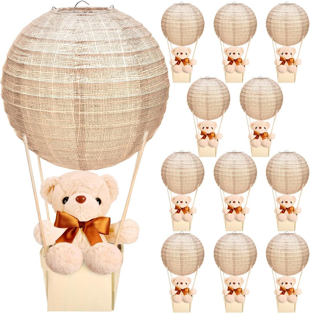 12 Sets Bear Hot Air Balloon Table Centerpieces for Baby Shower,DIY Paper Lanterns Stuffed Plush Bear Wooden Basket with Stick Adhesive Tape for Wedding Birthday Gender Reveal Party(Linen) (Brown)