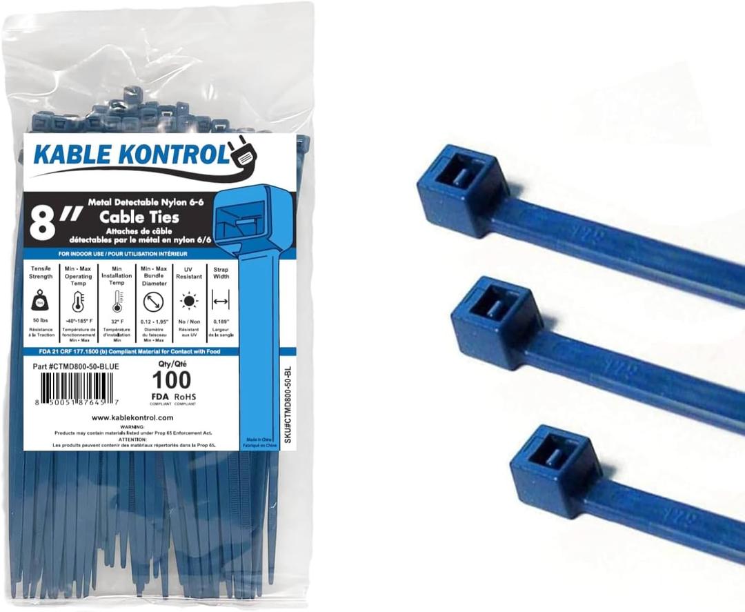 Kable Kontrol Metal Detectable Blue Zip Ties 100 Pcs 8 Inch, 50 Lbs Tensile Strength, Iron Infused Self-Locking Industrial Cable Ties