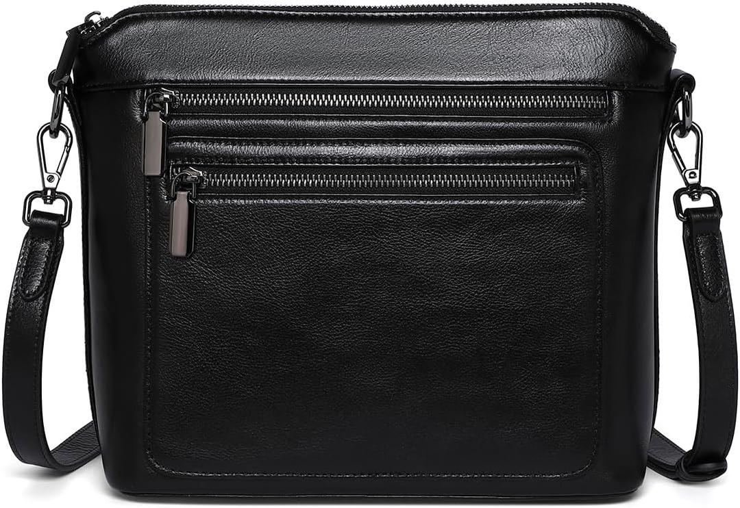 COOLCY Genuine Leather Crossbody Bags for Women Purses and Handbags for Ladies with Multiple Pockets Shoulder Satchel Bag (Black)