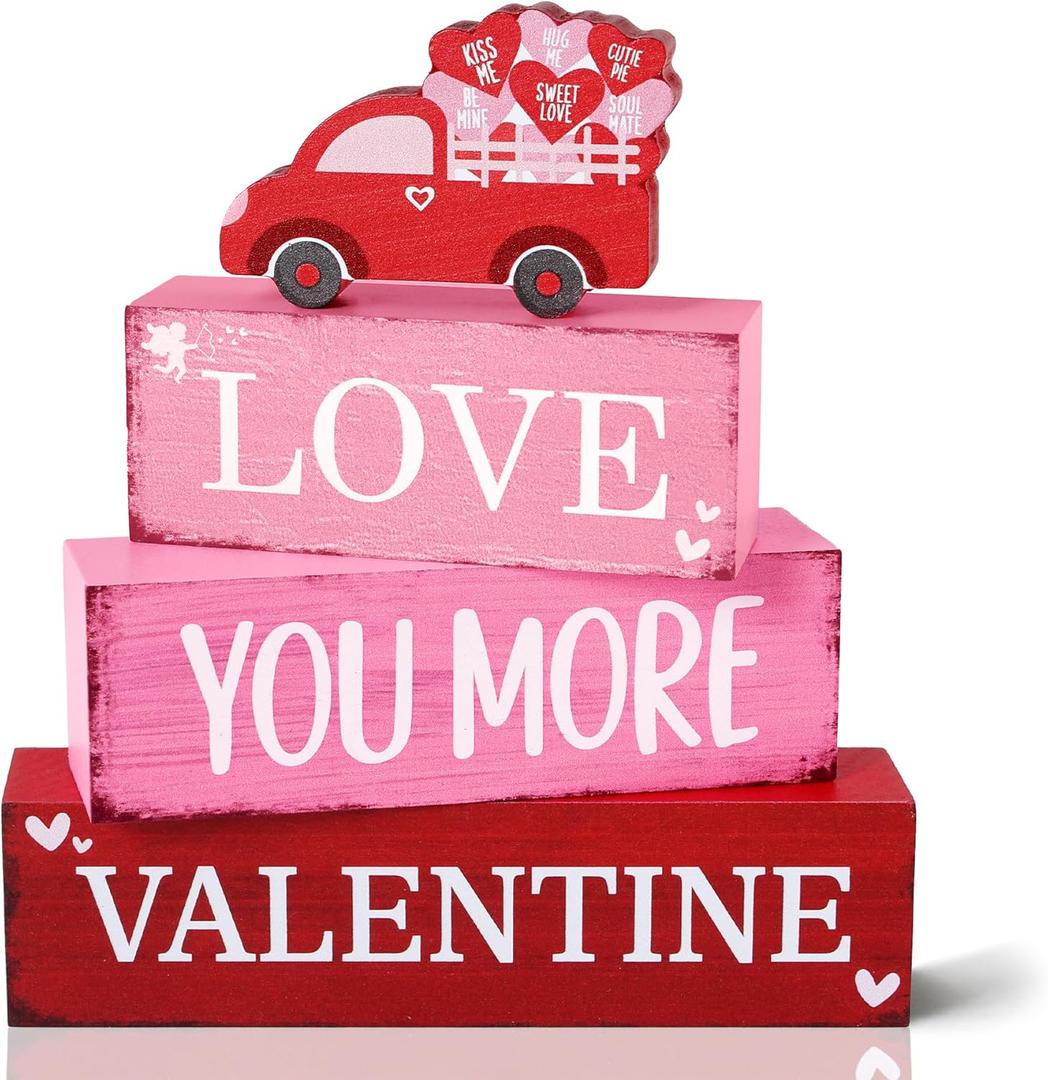 4 Pcs Valentine's Day Wooden Tiered Tray Decor, Love Truck Decorations Gifts for Lover Wife Husband Boyfriend Girlfriend, Valentine Table Centerpiece for Home Kitchen Bedroom Decor (Deep Pink)