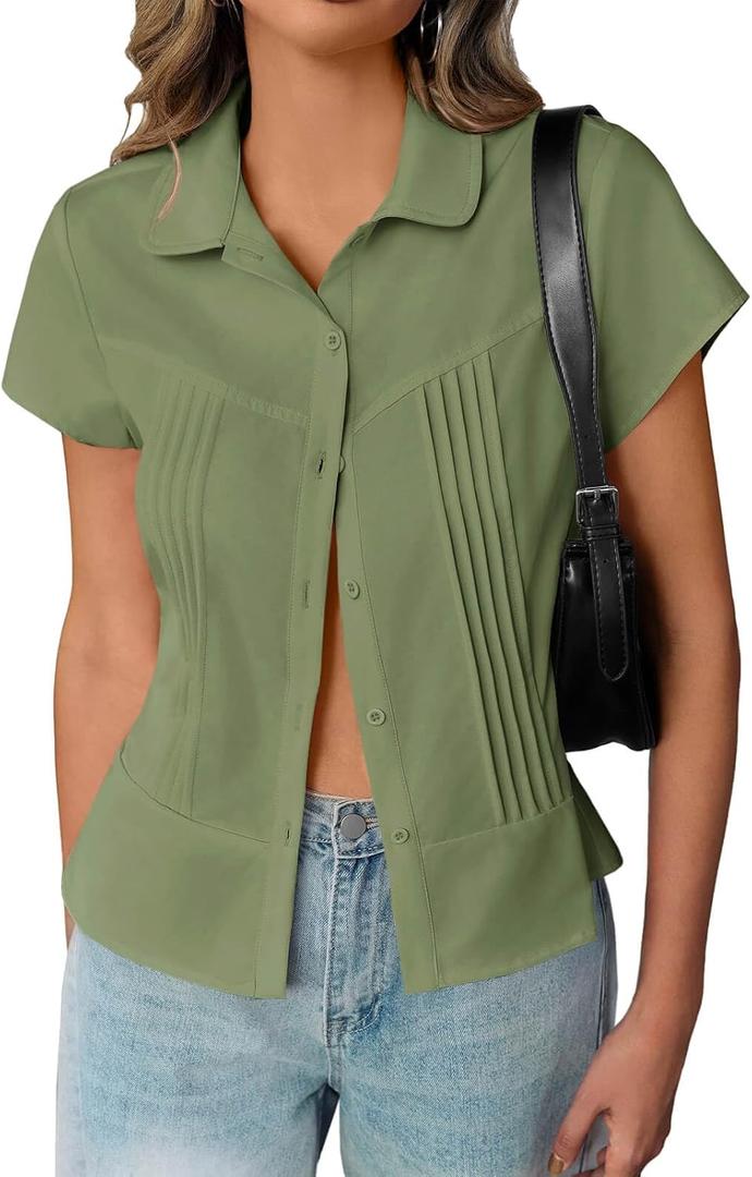 Cicy Bell Womens Short Sleeve Button Down Shirts Pleated Slim Fit Summer Dressy Casual Blouses (Medium, Army Green)