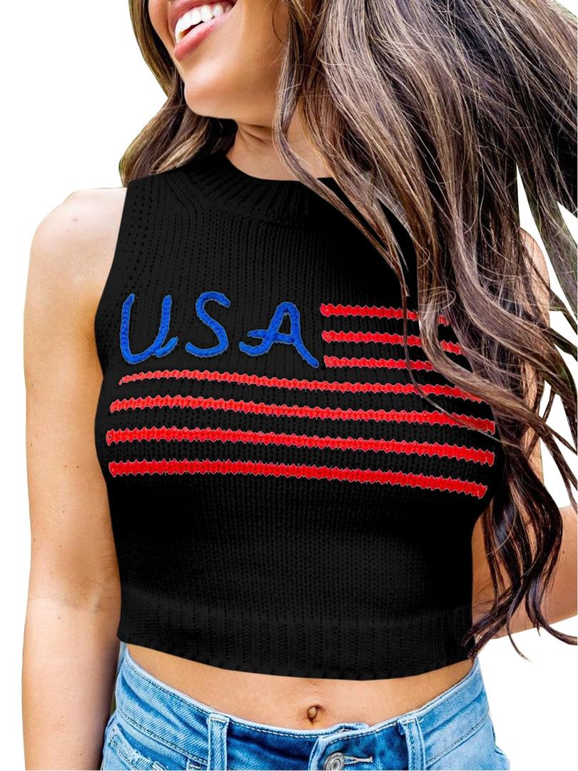 Tankaneo Womens American Flag Crop Tank Tops High Neck 4th of July Patriotic Summer Sleeveless Shirts Sweater Vest