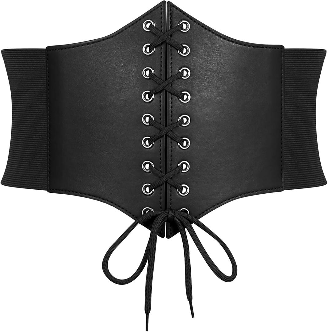 Women Corset Belt Elastic Lace-up Wide Waspie Belt Vintage Halloween Punk Costume (XS fit waist:25"-27", 1-black)