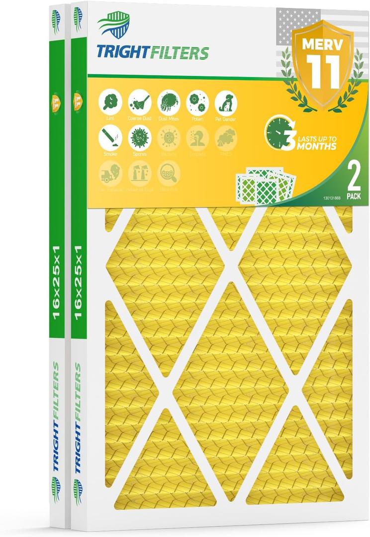TRIGHTFILTERS 16x25x1 Air Filter MERV 11 HVAC Furnace Filter Pleated 2 Pack