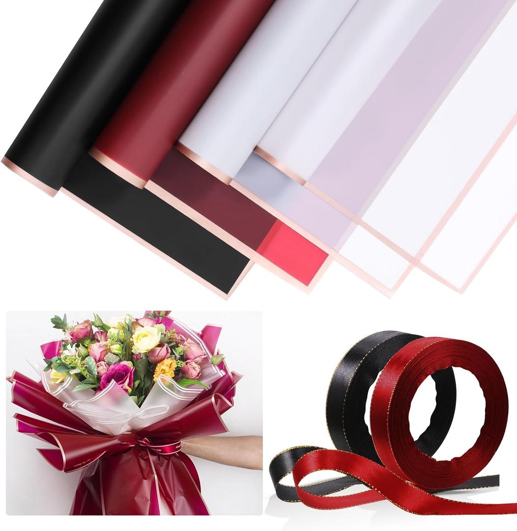 Tenare 36 Pieces Waterproof Flower Wrapping Paper Frosted Bouquet Wrapping Paper and 50 Yards Double Face Satin Ribbon for Graduation Bouquet Supplies(Classic Color)