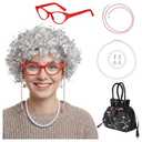 Hoyuwak 7 PCS Old Lady Costume Set 100 Days of School Costumes Granny Grandma Wig Accessories include Old Women Wig Necklace Bracelet Earring Glasses and Glasses Chain Black Handbag for Women