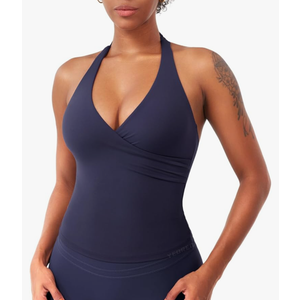 Womens Halter Tank Tops Workout Impact Longline Strappy Top Padded Deep V Neck Wrap Gym Backless Bra Camisole S