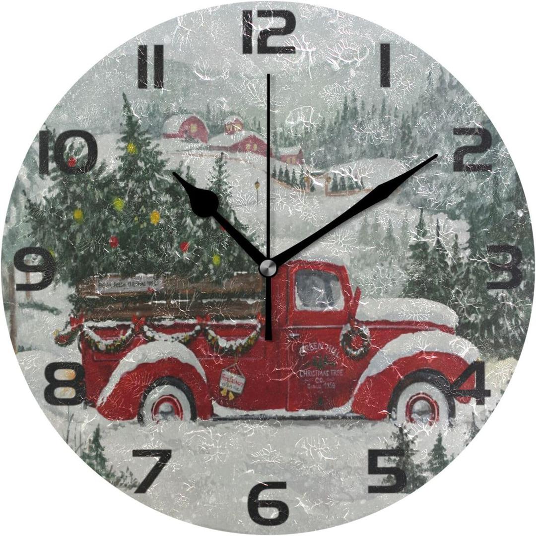 ALAZA Red Truck Christmas Tree Wall Clock Non Ticking Decorative Desk Clock for Bedroom Kitchen Living Room School Office,Black (Color 12)