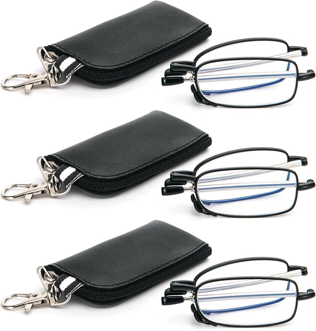 3 Pack Folding Reading Glasses with Keychain Compact Bags Women Men Blue Light Blocking Spring Hinge Portable Pocket Readers,Black 3.0