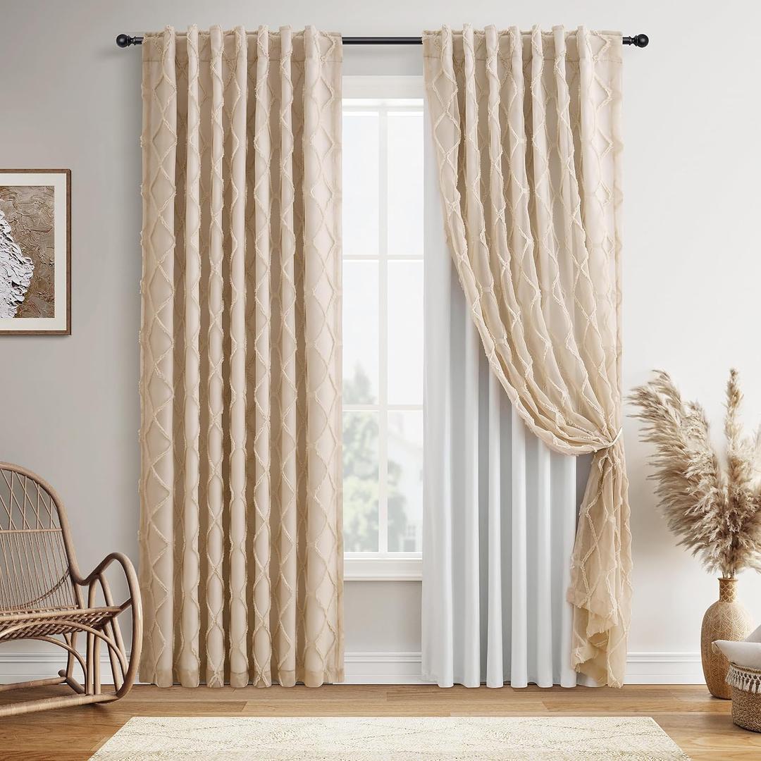 Guken Beige Boho 100% Blackout Double Layer Short Curtains 54 Inches Long for Kitchen 2 Panels with Sheer Overlay Farmhouse Two Layer Back Tab Thermal Insulated Drapes for Small Window Bedroom 52x54