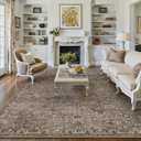 Area Rug 9x12 Retro Brown Machine Washable Living Room Rugs Distressed Vintage Floral Vacuumable Low Pile Carpet Bedroom Office Dining Room Laundry Room Non Slip Soft Lightweight