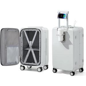 Hanke 20 Inch Carry On Luggage with Cup Holder and Charge, Top Opening Hard Shell Suitcases with Wheels and Dividers, Aluminum Frame Trunk Luggage Small Suitcase with Lock for Travel, Smoke White