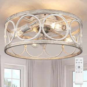 Farmhouse Fandelier, 20" Flush Mount White Caged Ceiling Fan with Lights & Remote Control Kit, Bladeless/Low Profile/6-speed for Living Room Bedroom Kitchen