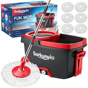 Mop and Bucket Set with Wringer, Spin Mop Floor Cleaning System with 6 Replacement Microfiber Heads & 61" Extra-Long Handle for Home Floor, Dark Grey