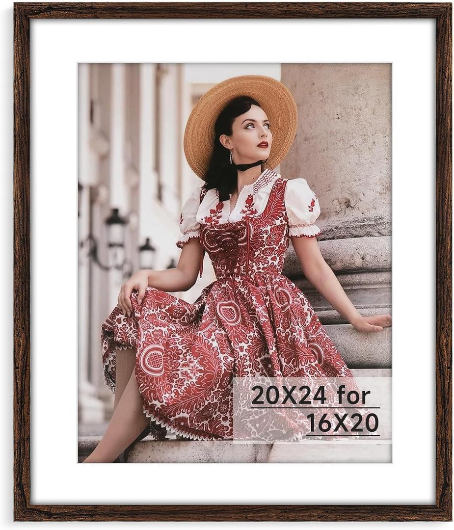 HLiWEGNS Dark Brown 20x24 Frame - Single Frame - Rustic Woodgrain 20 x 24 Poster Frame for Pictures 16x20 with Mat or 20x24 Picture Frame Without mat for Wall Gallery Display - Ideal Christmas Day