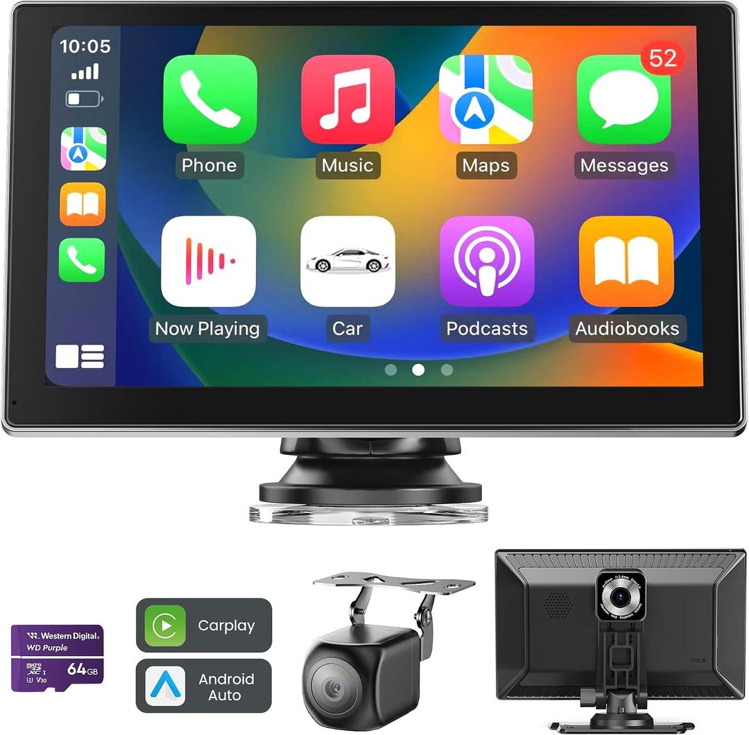 9" Wireless Apple Carplay Screen for Car, Portable Car Play Screen for Car & Android Auto, 4K Dash Cam, 1080p Backup Camera, GPS Navigation, Car Audio Receivers Mirror Link, Bluetooth, FM, Siri