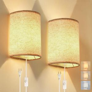 Plug in Wall Sconce, 3 Colors Wall Sconces Set of Two, Industrial Plug in Wall Light, Wall Sconce Lighting On/Off Switch Vintage Wall Lamp for Bedroom Living Room Hallway Porch (Beige)