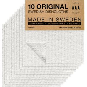 SUPERSCANDI 10 Pack Swedish Dishcloths for Kitchen - 100% Biodegradable & Compostable Reusable Paper Towels Washable, Food-Safe & Without Plastic - Dish Rags Suitable for Any Surface, White